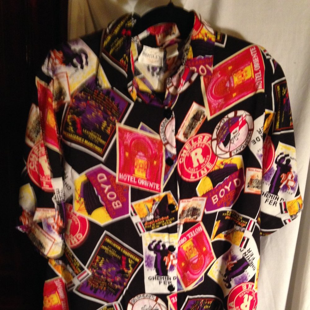 Vintage Hawaiian Style Shirt Women's Large European Travel Print